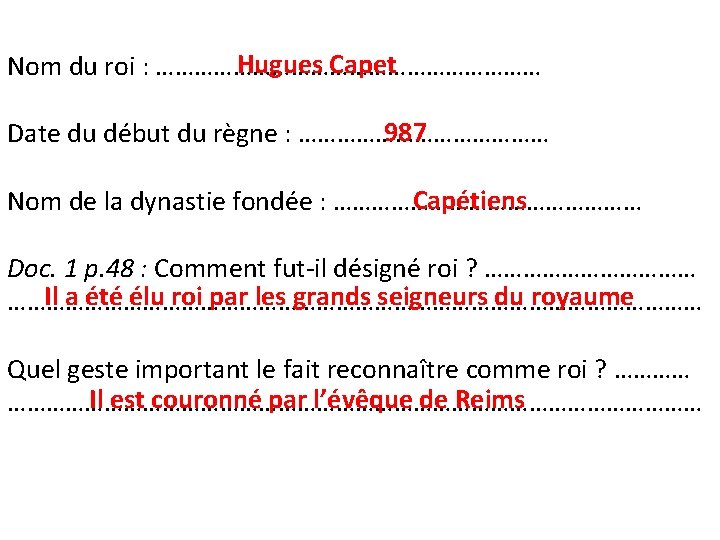 Hugues Capet Nom du roi : ………………………… 987 Date du début du règne :