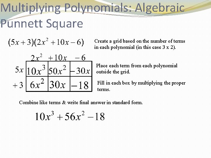 Multiplying Polynomials: Algebraic Punnett Square Create a grid based on the number of terms