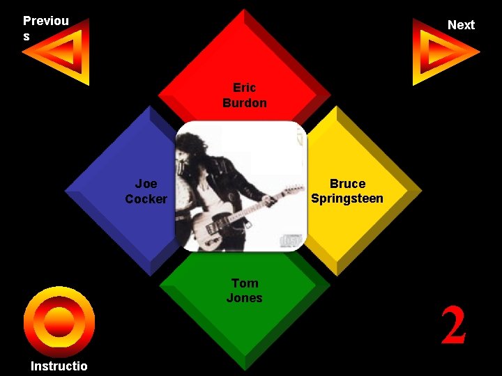 Previou s Next Eric Burdon Bruce Springsteen Joe Seth Cocker Tom John Jones Instructio