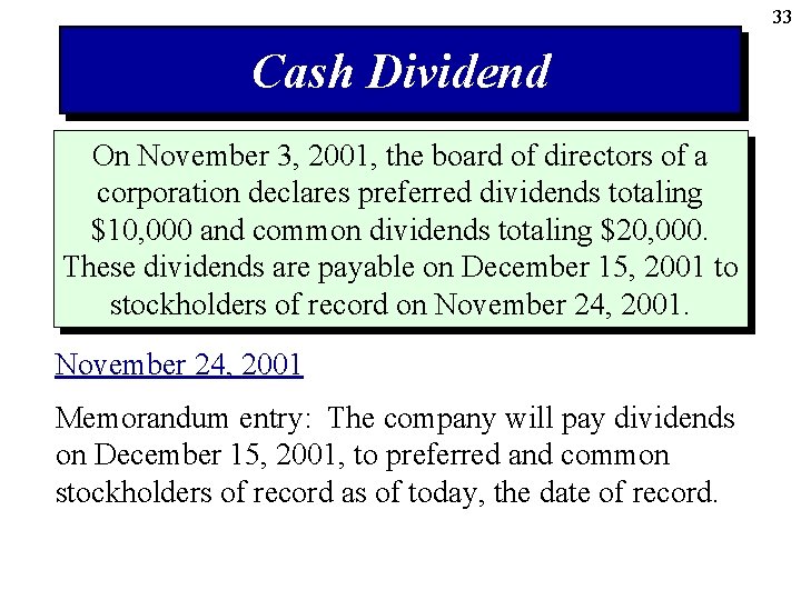 33 Cash Dividend On November 3, 2001, the board of directors of a corporation