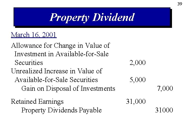 39 Property Dividend March 16, 2001 Allowance for Change in Value of Investment in