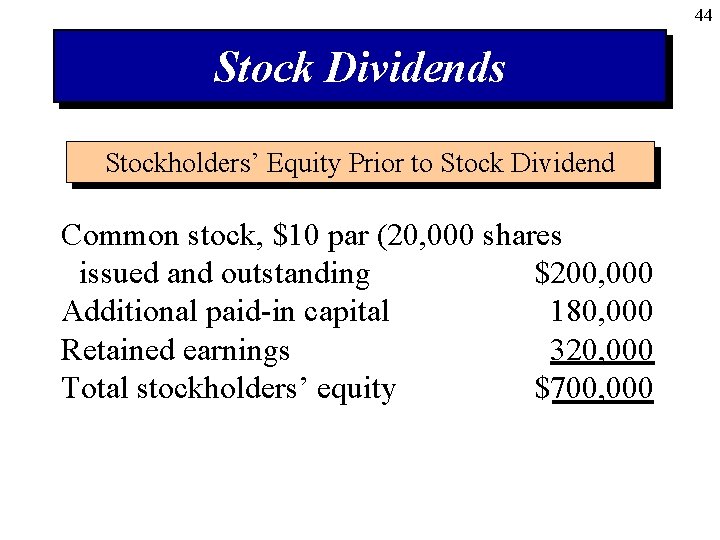 44 Stock Dividends Stockholders’ Equity Prior to Stock Dividend Common stock, $10 par (20,