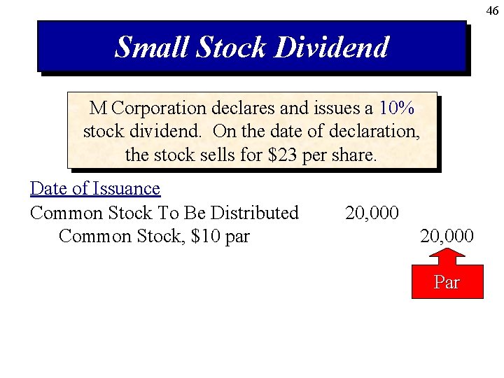 46 Small Stock Dividend M Corporation declares and issues a 10% stock dividend. On