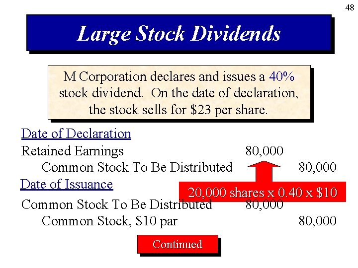 48 Large Stock Dividends M Corporation declares and issues a 40% stock dividend. On
