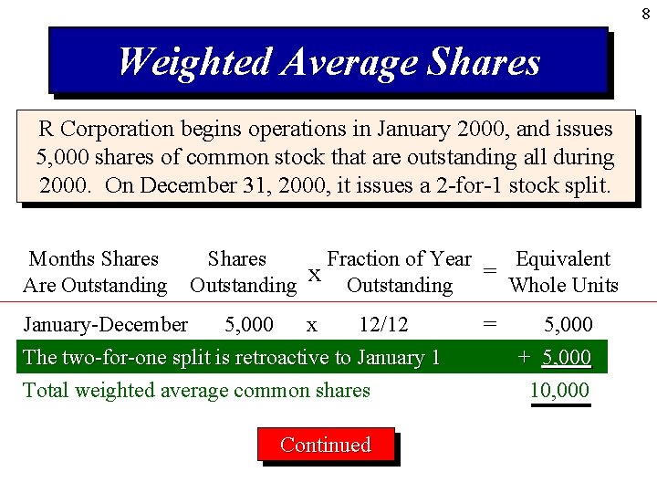 8 Weighted Average Shares R Corporation begins operations in January 2000, and issues 5,