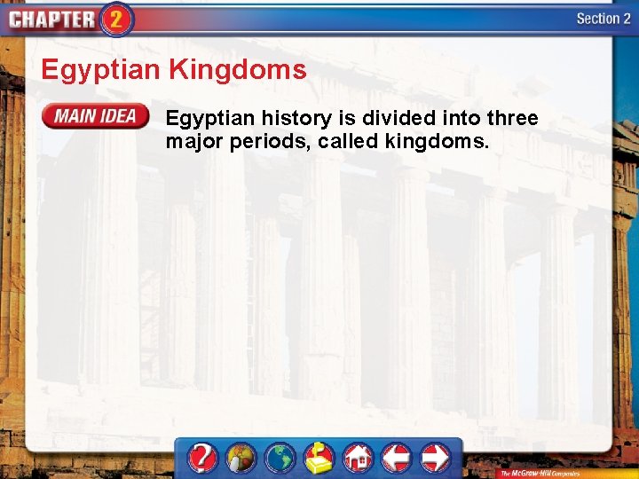 Egyptian Kingdoms Egyptian history is divided into three major periods, called kingdoms. Egyptian Kingdoms Egyptian history is divided into three major periods, called kingdoms.