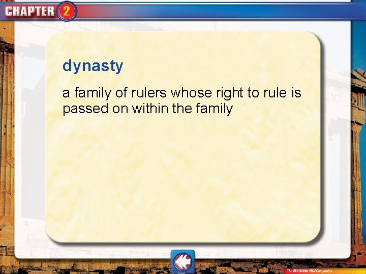 dynasty a family of rulers whose right to rule is passed on within the dynasty a family of rulers whose right to rule is passed on within the