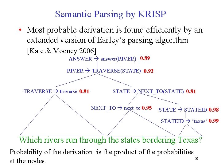 Semantic Parsing by KRISP • Most probable derivation is found efficiently by an extended