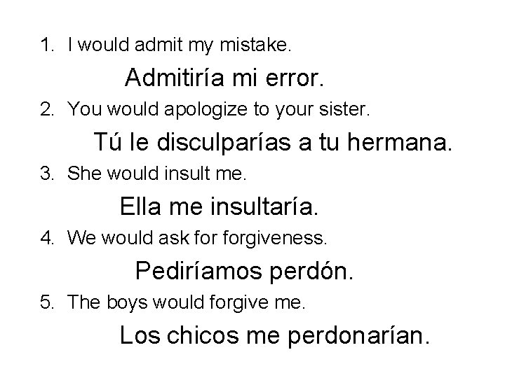 1. I would admit my mistake. Admitiría mi error. 2. You would apologize to