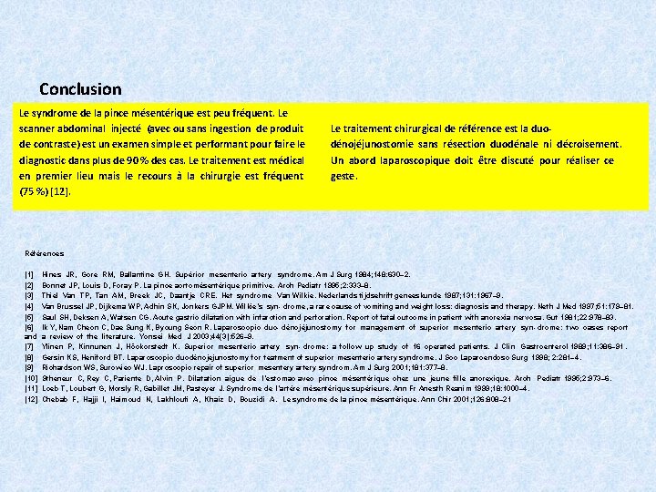 Conclusion Le syndrome de la pince mésentérique est peu fréquent. Le scanner abdominal injecté