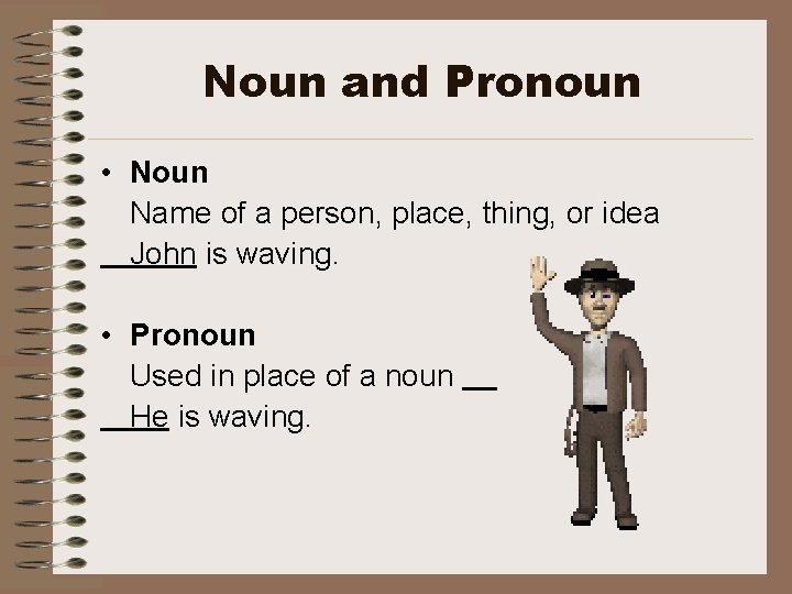 Noun and Pronoun • Noun Name of a person, place, thing, or idea John