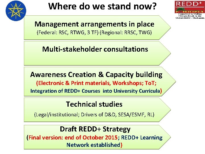 Where do we stand now? Management arrangements in place (Federal: RSC, RTWG, 3 TF)