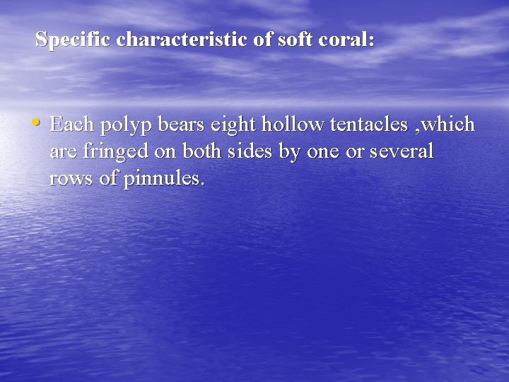 Specific characteristic of soft coral: • Each polyp bears eight hollow tentacles , which