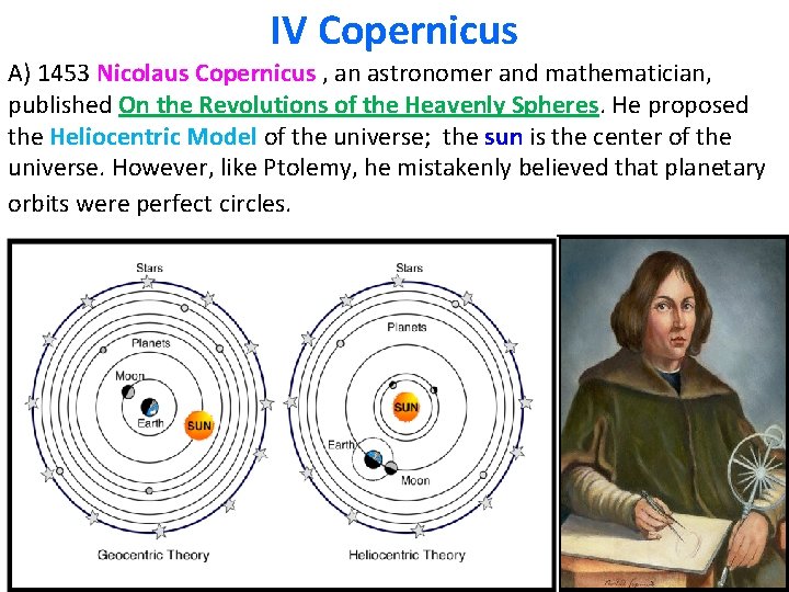 IV Copernicus A) 1453 Nicolaus Copernicus , an astronomer and mathematician, published On the