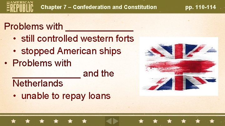 Chapter 7 – Confederation and Constitution Problems with _______ • still controlled western forts