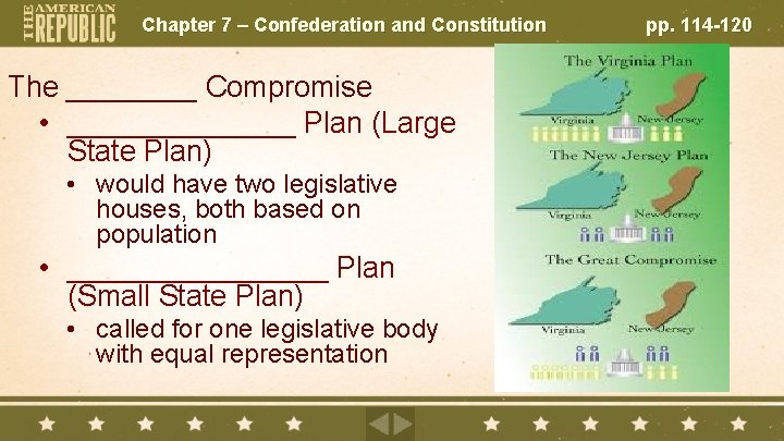 Chapter 7 – Confederation and Constitution The ____ Compromise • _______ Plan (Large State