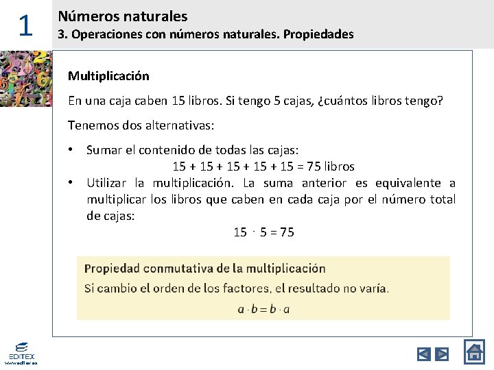 1 Números naturales 3. Operaciones con números naturales. Propiedades Multiplicación En una caja caben