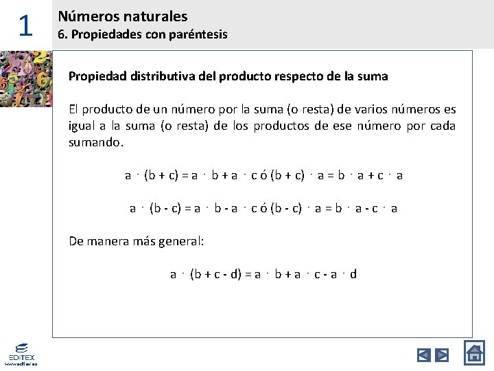 1 Números naturales 6. Propiedades con paréntesis Propiedad distributiva del producto respecto de la