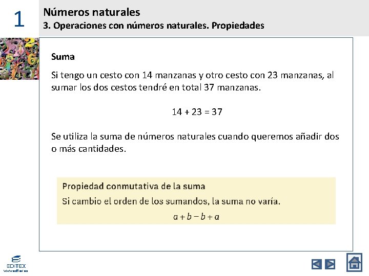 1 Números naturales 3. Operaciones con números naturales. Propiedades Suma Si tengo un cesto