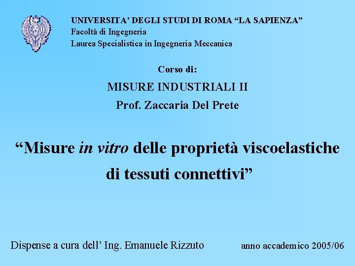 UNIVERSITA’ DEGLI STUDI DI ROMA “LA SAPIENZA” Facoltà di Ingegneria Laurea Specialistica in Ingegneria