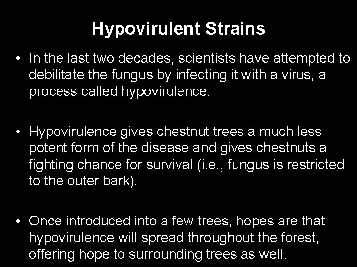 Hypovirulent Strains • In the last two decades, scientists have attempted to debilitate the