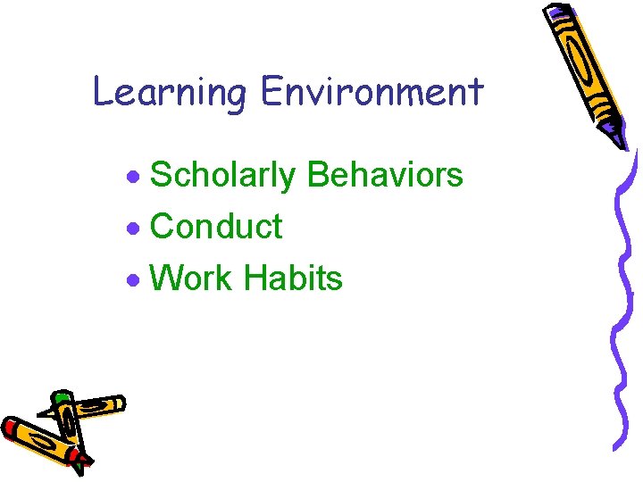 Learning Environment · Scholarly Behaviors · Conduct · Work Habits 