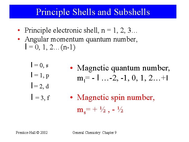Principle Shells and Subshells • Principle electronic shell, n = 1, 2, 3… •