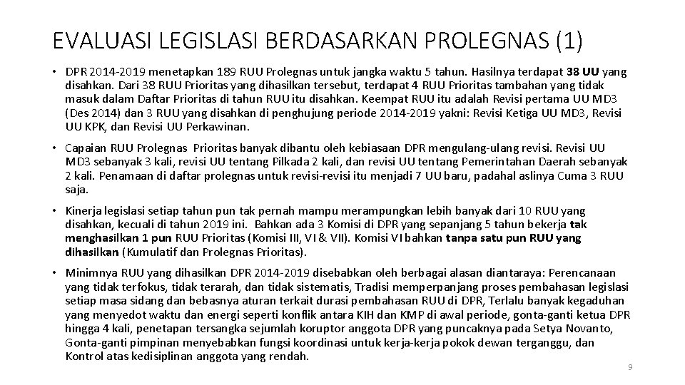 EVALUASI LEGISLASI BERDASARKAN PROLEGNAS (1) • DPR 2014 -2019 menetapkan 189 RUU Prolegnas untuk