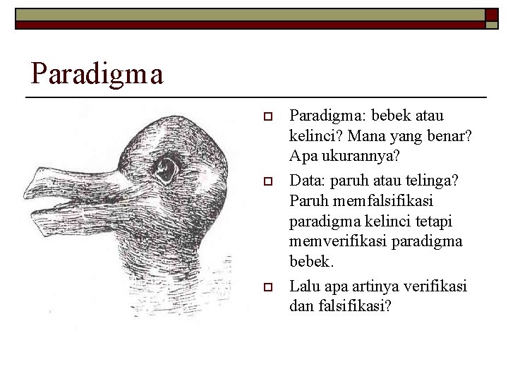 Paradigma o o o Paradigma: bebek atau kelinci? Mana yang benar? Apa ukurannya? Data: Paradigma o o o Paradigma: bebek atau kelinci? Mana yang benar? Apa ukurannya? Data: