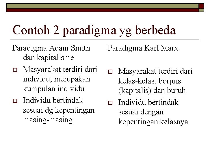 Contoh 2 paradigma yg berbeda Paradigma Adam Smith dan kapitalisme o Masyarakat terdiri dari Contoh 2 paradigma yg berbeda Paradigma Adam Smith dan kapitalisme o Masyarakat terdiri dari