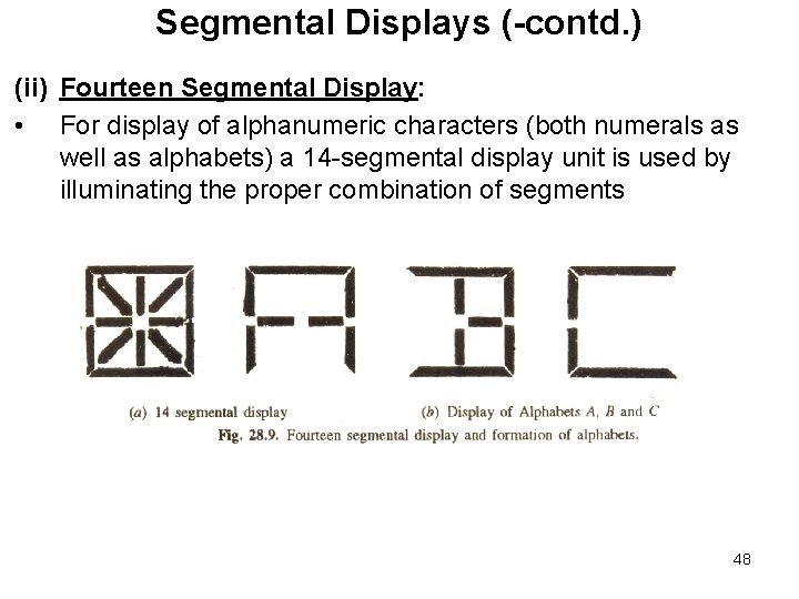 Segmental Displays (-contd. ) (ii) Fourteen Segmental Display: • For display of alphanumeric characters Segmental Displays (-contd. ) (ii) Fourteen Segmental Display: • For display of alphanumeric characters