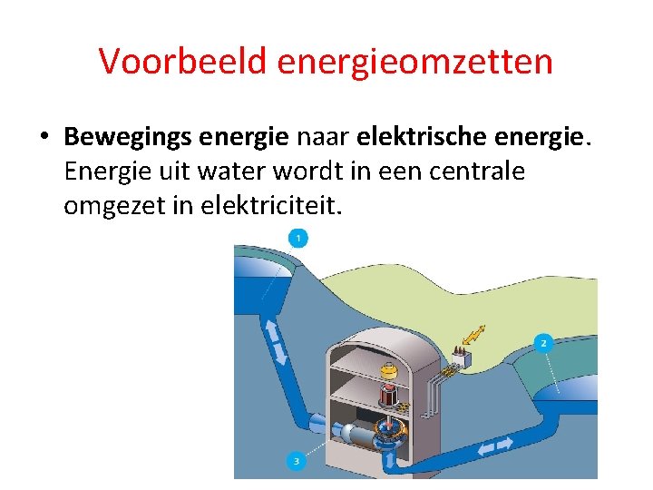 Voorbeeld energieomzetten • Bewegings energie naar elektrische energie. Energie uit water wordt in een