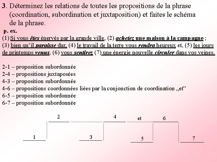 3. Déterminez les relations de toutes les propositions de la phrase (coordination, subordination et