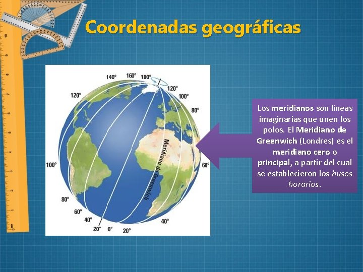 Coordenadas geográficas Los meridianos son líneas imaginarias que unen los polos. El Meridiano de