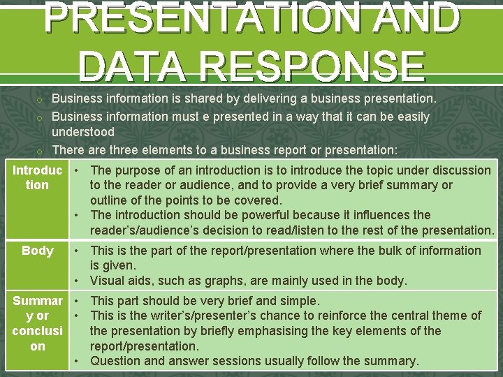 introduction of presentation and data response