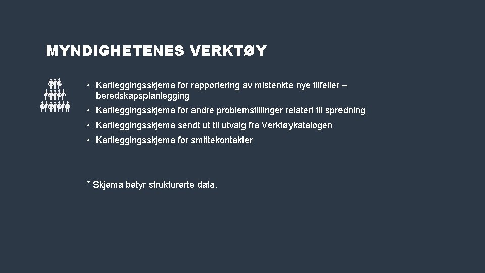 MYNDIGHETENES VERKTØY • Kartleggingsskjema for rapportering av mistenkte nye tilfeller – beredskapsplanlegging • Kartleggingsskjema