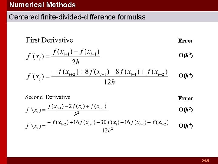 Numerical Methods Centered finite-divided-difference formulas Error O(h 2) O(h 4) 21 -5 