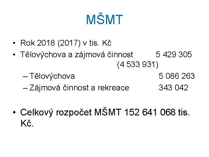 MŠMT • Rok 2018 (2017) v tis. Kč • Tělovýchova a zájmová činnost 5