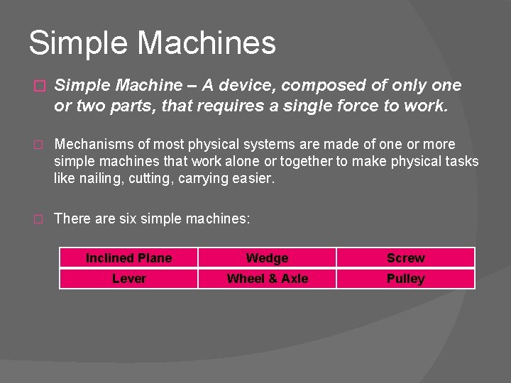Simple Machines � Simple Machine – A device, composed of only one or two