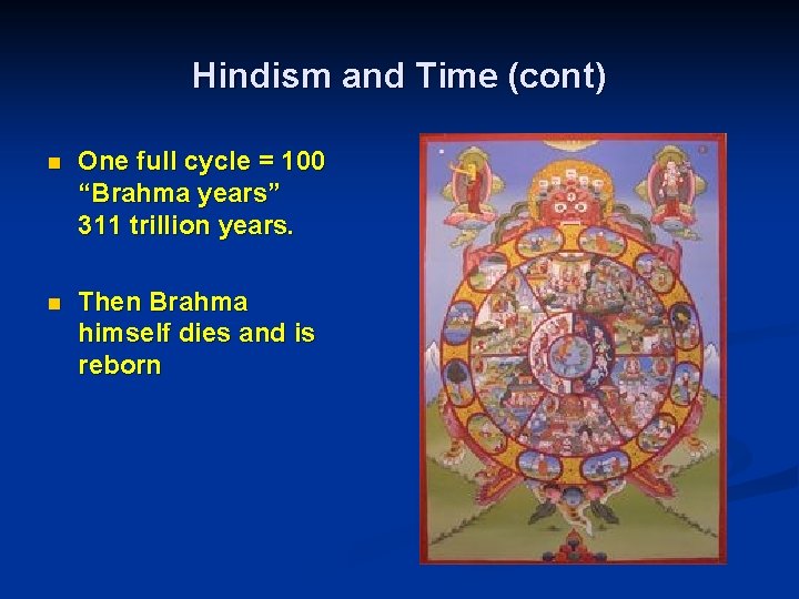 Hindism and Time (cont) n One full cycle = 100 “Brahma years” 311 trillion
