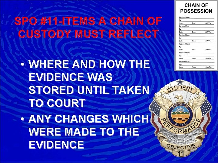 SPO #11 -ITEMS A CHAIN OF CUSTODY MUST REFLECT • WHERE AND HOW THE