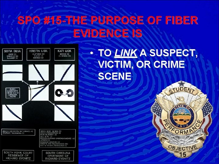 SPO #15 -THE PURPOSE OF FIBER EVIDENCE IS • TO LINK A SUSPECT, VICTIM,