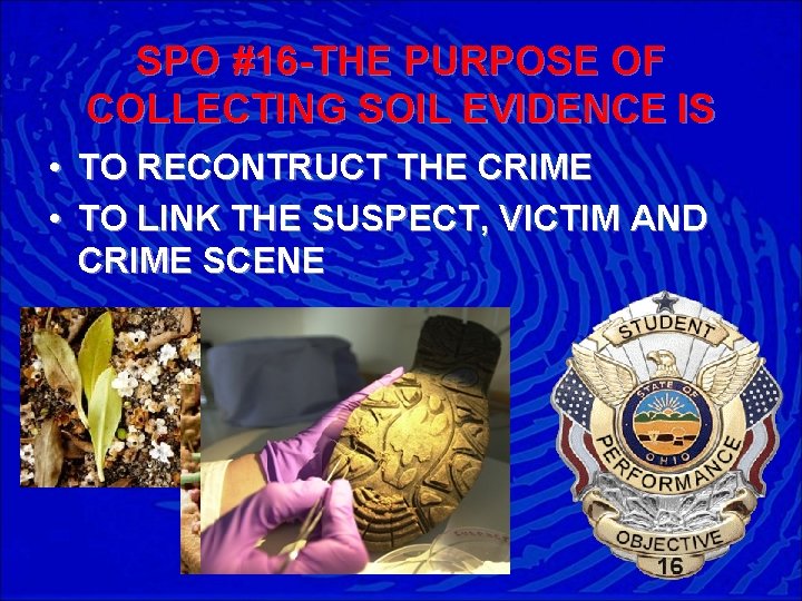SPO #16 -THE PURPOSE OF COLLECTING SOIL EVIDENCE IS • TO RECONTRUCT THE CRIME