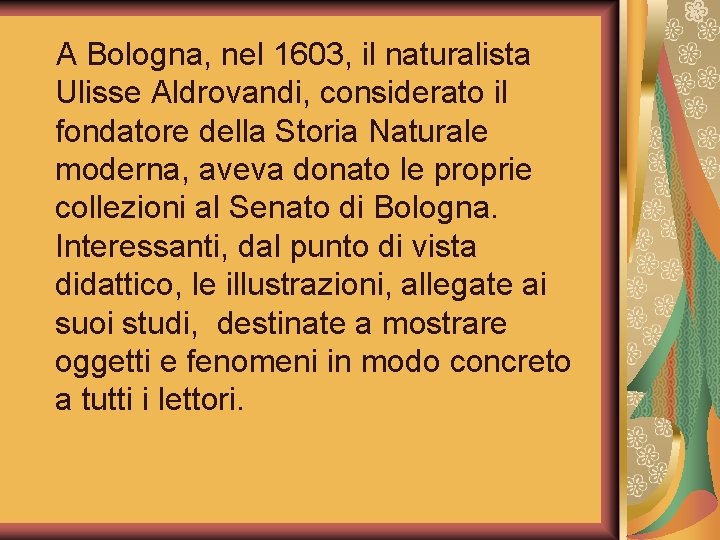 A Bologna, nel 1603, il naturalista Ulisse Aldrovandi, considerato il fondatore della Storia Naturale