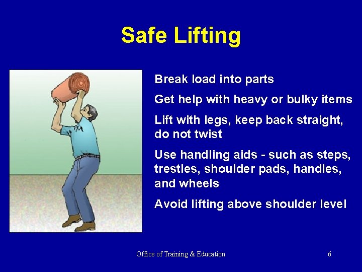 Safe Lifting Break load into parts Get help with heavy or bulky items Lift