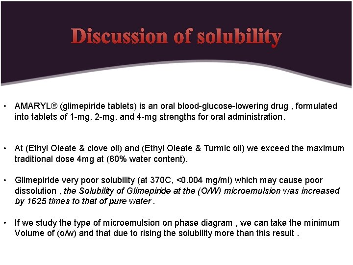 Discussion of solubility • AMARYL® (glimepiride tablets) is an oral blood-glucose-lowering drug , formulated