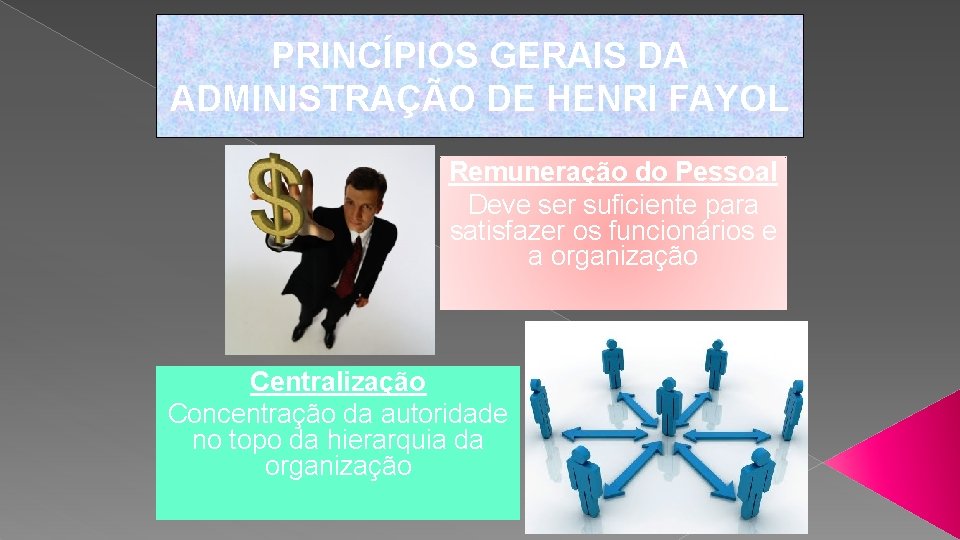 PRINCÍPIOS GERAIS DA ADMINISTRAÇÃO DE HENRI FAYOL Remuneração do Pessoal Deve ser suficiente para