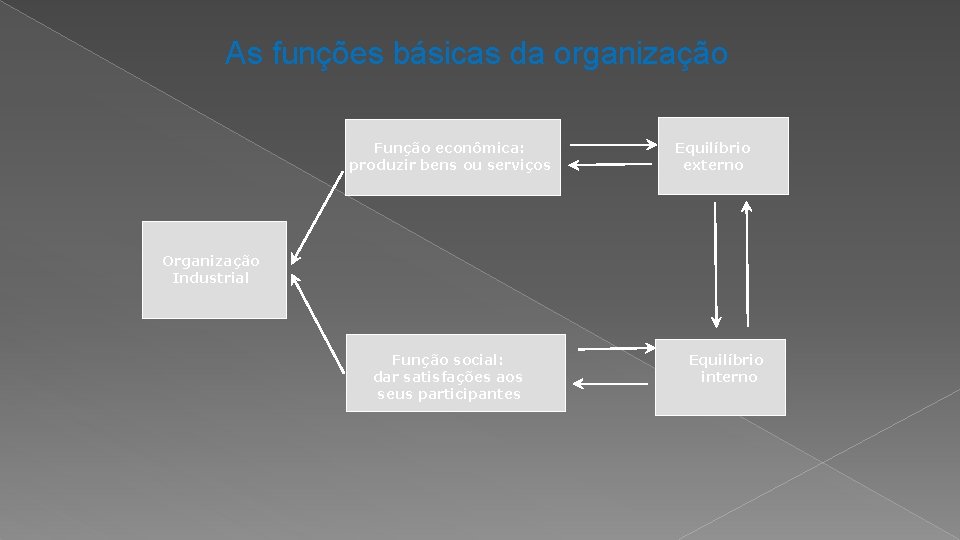 As funções básicas da organização Função econômica: produzir bens ou serviços Equilíbrio externo Organização