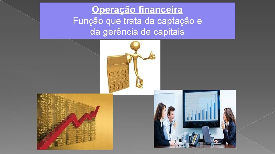 Operação financeira Função que trata da captação e da gerência de capitais 74 