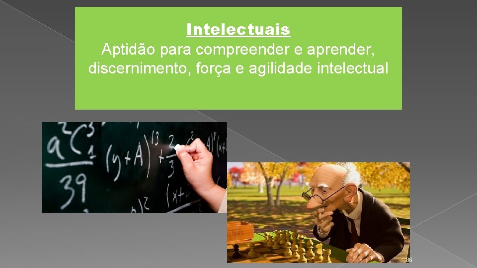 Intelectuais Aptidão para compreender e aprender, discernimento, força e agilidade intelectual 86 